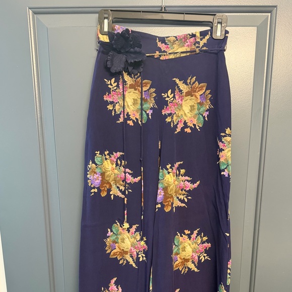 Zimmermann Navy Floral Silk Crepe Wide Leg Pants - Picture 4 of 7
